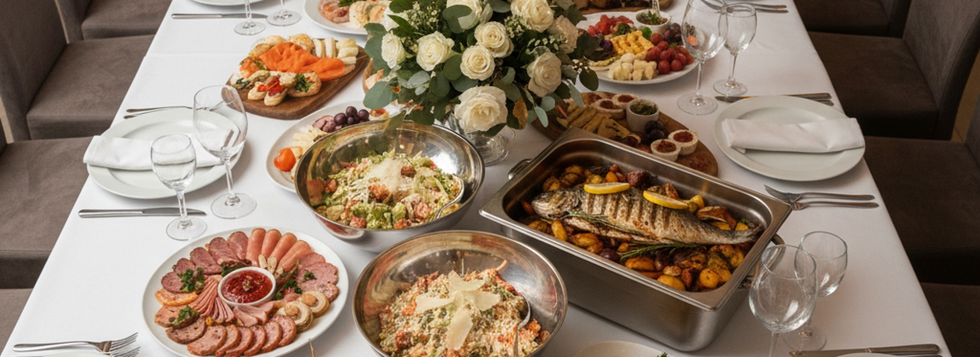 Меню на банкет в Санкт-Петербурге — накрытый стол с закусками, салатами, горячим и десертами