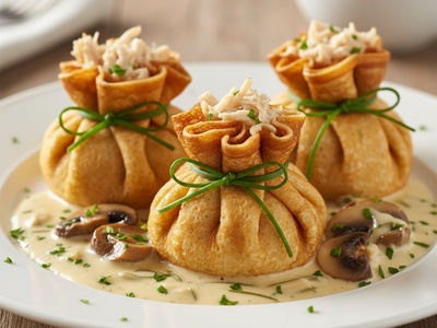 Блинные мешочки с куриным жульеном из шпинатного блина