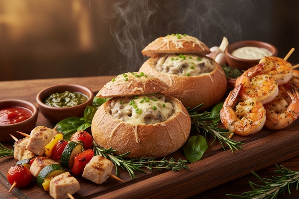 Горячие закуски — мини-шашлычки из курицы и форели, жульен с грибами