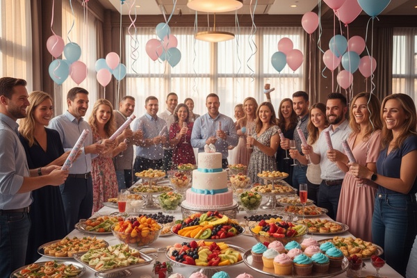 Гендер-пати с фуршетом — сервировка стола с закусками и десертами на празднике раскрытия пола в СПб