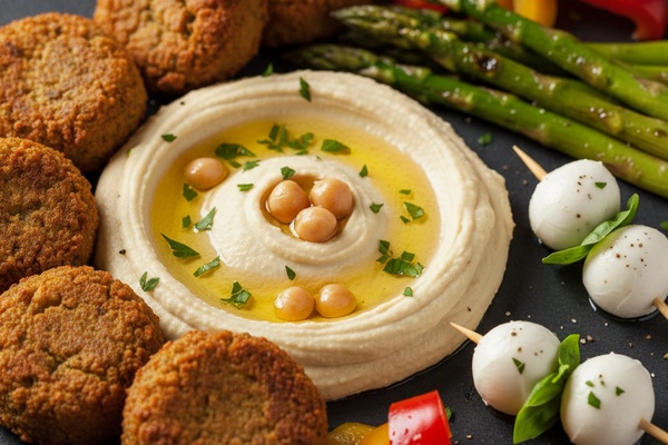 Вегетарианские закуски крупным планом — хумус, фалафель, спаржа, моцарелла
